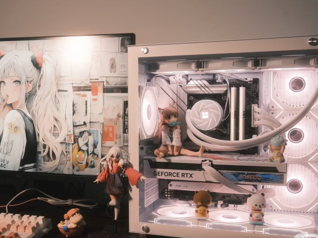 Turn Your Gaming PC into a Waifu Shrine: Anime Figure Display & Kawaii Desk Setup Ideas 1 Kawaii anime-themed gaming desk setup with figure display and RGB PC case