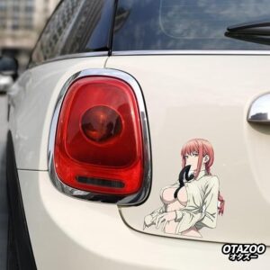 Sexy anime car decal of Makima (Chainsaw Man) displayed on a white SUV rear bumper, loose shirt version.
