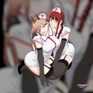 Lewd anime sticker featuring Makima and Power from Chainsaw Man in nurse outfits, OTAZOO exclusive.