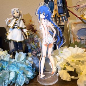 Roxy Migurdia anime acrylic standee in white bikini displayed among blue and white flowers on a wooden shelf