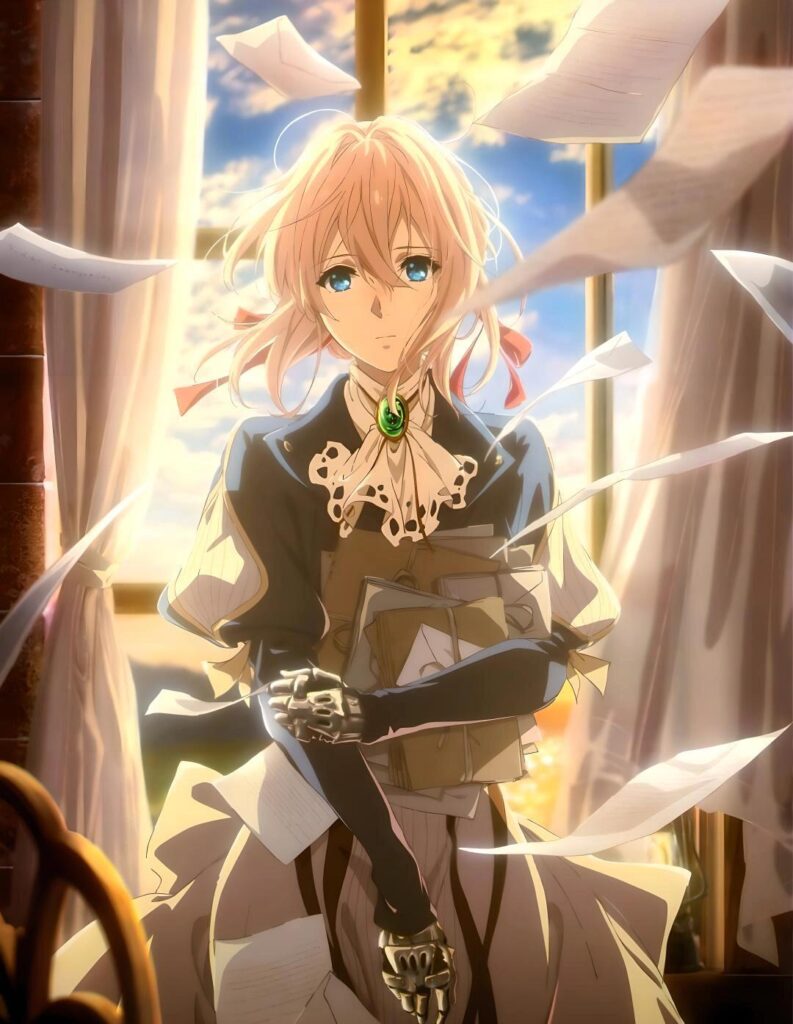 Top 10 Anime Waifus for Introverts Who Crave Quiet Affection | Otazoo 6 Violet Evergarden looking gentle and calm in the sunset, papers flying, symbolizing emotional growth
