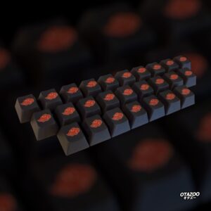 Akatsuki Keycaps Set in angled view with blurred red cloud background – anime keyboard aesthetic