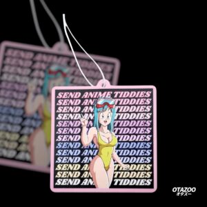 Bulma anime car air freshener with meme text “Send Anime Tiddies” from Dragon Ball
