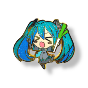 Hatsune Miku enamel pin showing chibi Miku holding glow sticks on white background