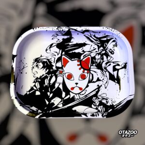 Front view of Demon Slayer fox mask rolling tray with anime characters in monochrome
