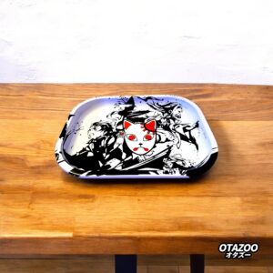 Demon Slayer anime rolling tray with fox mask design on wood table