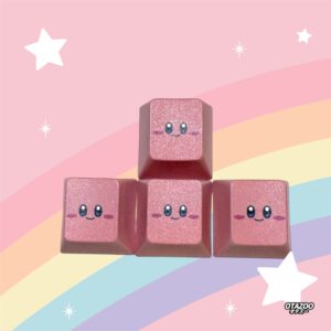 Glitter pink kirby keycap with big eyes and sparkles on rainbow background