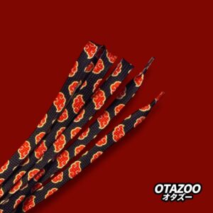 Black shoelaces with red Akatsuki cloud design on dark red background with OTAZOO logo