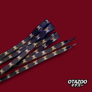 One Piece shoelaces with Straw Hat Pirates Jolly Roger design on red background with OTAZOO logo