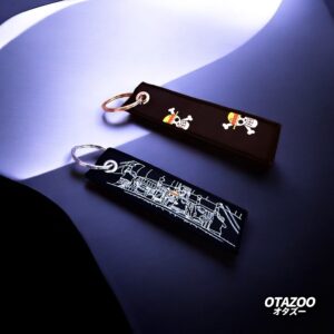 Double-sided One Piece key tag featuring Alabasta farewell embroidery and Straw Hat crew design in JDM anime style