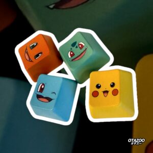 Gaming keycaps with Bulbasaur, Charmander, Squirtle, and Pikachu faces on dark background with white outline