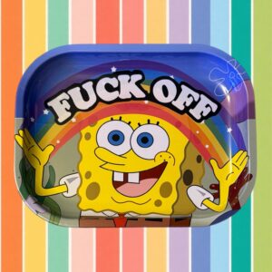 Colorful rolling tray with SpongeBob design placed on tiled surface