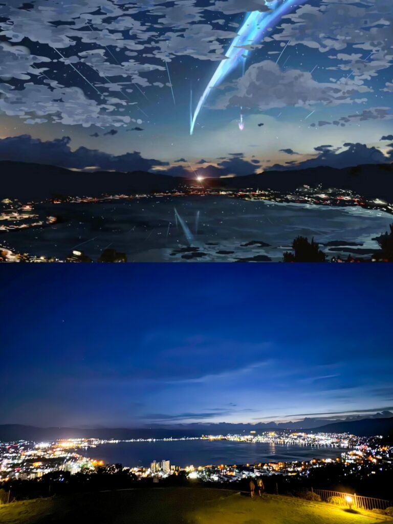 Anime Tour Japan Guide (2025): My Personal Otaku Pilgrimage on a Budget 2 Anime and real-life night view of Gifu lake from Your Name, blending fantasy with pilgrimage in Japan.