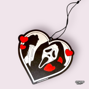 Ghostface-style heart-shaped car air freshener with red hearts and knife