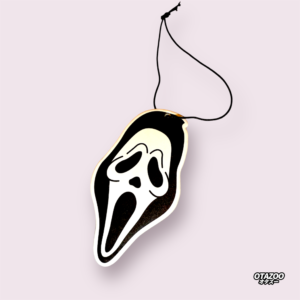 Halloween horror mask air freshener hanging on string