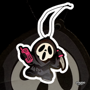 Mini ghostface car air freshener with knife and pink phone