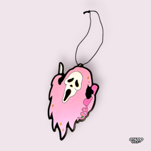 Pink ghostface-style car air freshener holding phone and knife