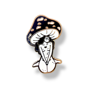 Minimalist black mushroom girl pin with nude figure on white background