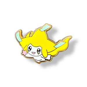 Front view of Jirachi enamel pin on white background
