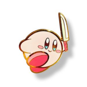 Kirby enamel pin showing Kirby holding a sword with a happy face on a white background