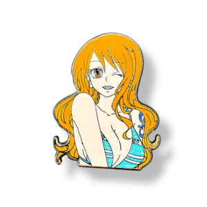 Nami enamel pin from One Piece in turquoise bikini with wink