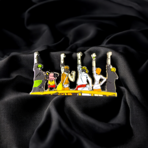 One Piece enamel pin showing Straw Hat team united on black fabric