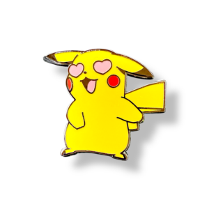 Isolated Pikachu heart eyes enamel pin on white background
