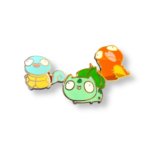Pokemon enamel pin set showing derpy versions of Charmander, Bulbasaur, and Squirtle on white background