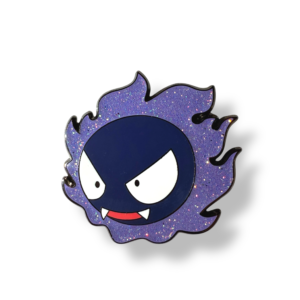 Pokemon enamel pin showing Gastly with purple glitter flame on a white background