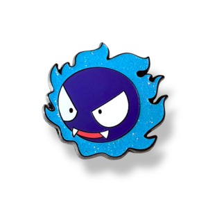 Pokemon enamel pin showing Gastly with glittery blue flame on white background