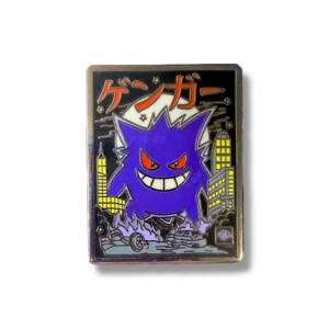 Pokemon enamel pin showing Gengar in retro city design on white background