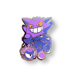 Pokemon enamel pin showing Gengar, Haunter, and Gastly stacked on white background