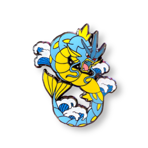Pokemon enamel pin showing Gyarados in shiny yellow-blue form on a white background