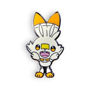 Pokemon enamel pin showing Scorbunny mid-cheer on a white background