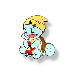 Front view of Squirtle enamel pin wearing yellow beanie and vest