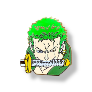 Zoro enamel pin with green hair and katana between teeth on white background