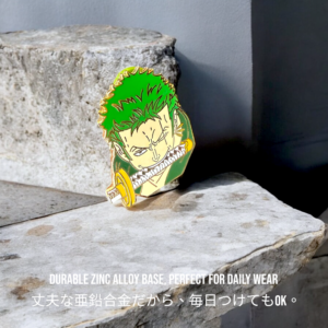 Zoro anime pin standing on textured concrete surface
