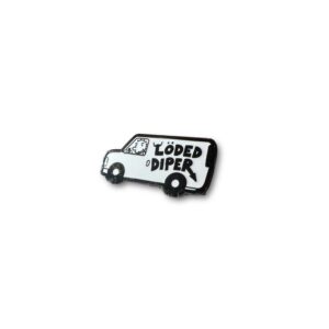 Diary of a Wimpy Kid enamel pin showing Löded Diper van front view on white background