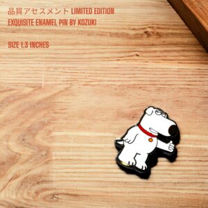 Handmade Family Guy enamel pin showing Brian Griffin standing on wooden surface background