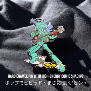 FLCL Canti enamel pin showing robot with bass guitar on black fabric