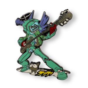 FLCL Canti enamel pin showing robot with bass guitar on white background