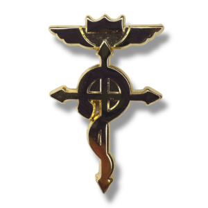 Fullmetal Alchemist State Alchemist enamel pin showing gold-and-black emblem on white background