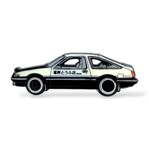 Initial D AE86 enamel pin showing black-and-white Trueno with Fujiwara Tofu Shop livery on white background