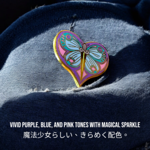 JoJo’s Bizarre Adventure enamel pin showing Jolyne Cujoh butterfly design on denim fabric