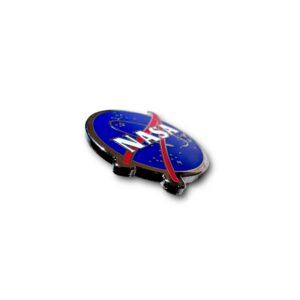 NASA enamel pin showing NASA logo in blue with red vector design on white background
