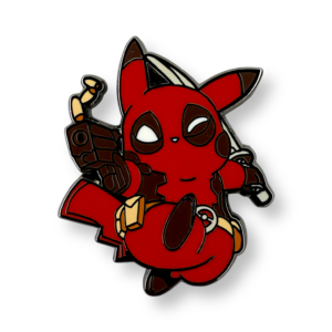 Pokemon Deadpool enamel pin showing Pikachu in Deadpool suit on white background