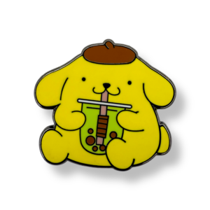 Sanrio enamel pin showing Pompompurin holding bubble tea on white background