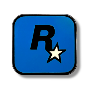 Rockstar Games enamel pin showing R and star logo on white background