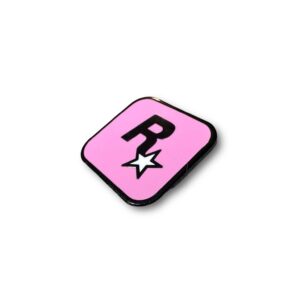 Rockstar Games enamel pin showing pink logo with R and white star front view on white background