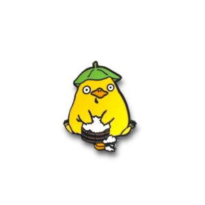 Spirited Away enamel pin showing Otori-sama anime duck with rice bucket front view on white background
